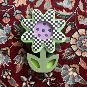 Painted Black and White Checkered Flower Wooden Accent